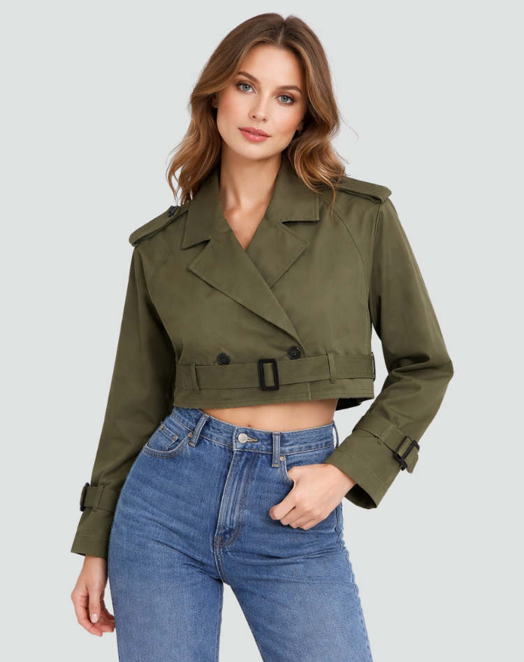 Trench coat para senhora, corte regular, algodão, corte curto