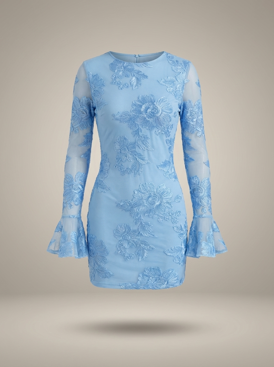 Mini Robe Femme Ajustée Imprimé Floral Manches Évasées Festive
