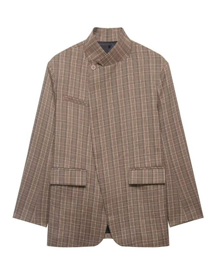 Women's Oversized Checkered Blazer with Stand-Up Collar Casual
