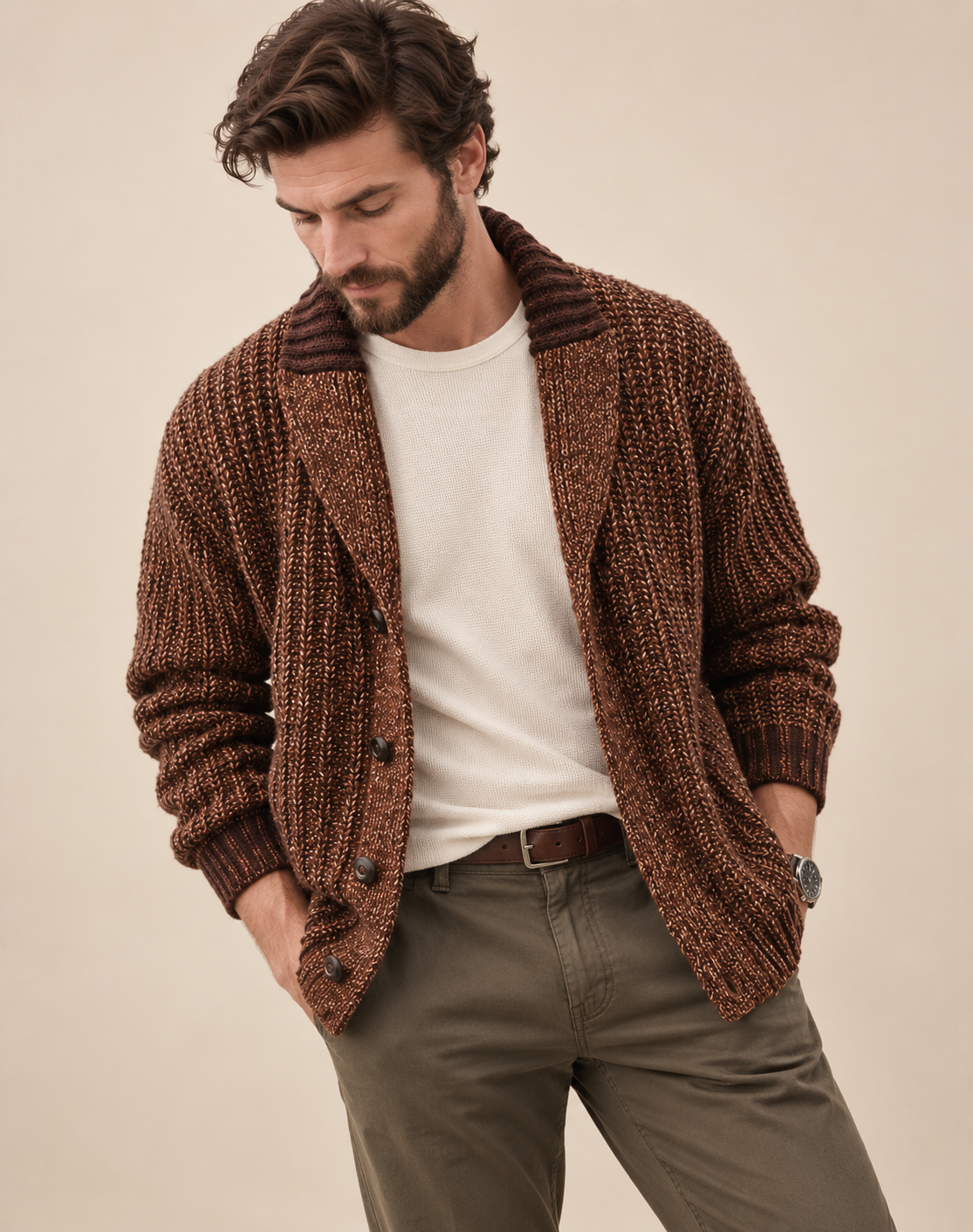 Cardigan da uomo robusto in maglia con collo a scialle e bottoni