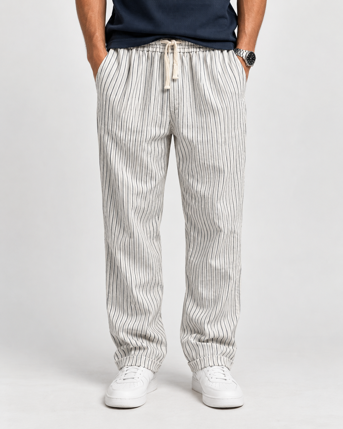 Linnen Katoen Broek Heren Pinstripe Drawstring Casual Zomer