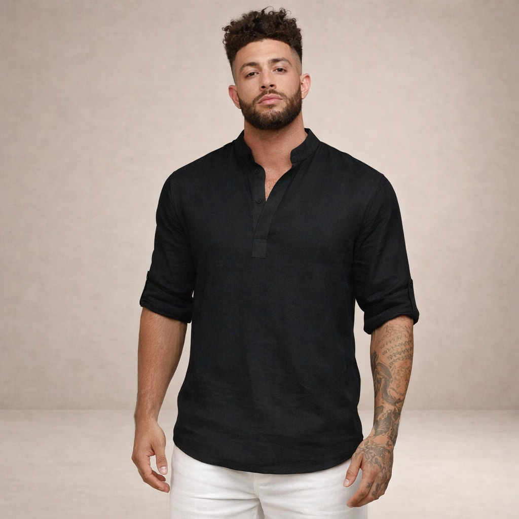 Chemise en lin homme coupe régulière respirante col montant manches longues