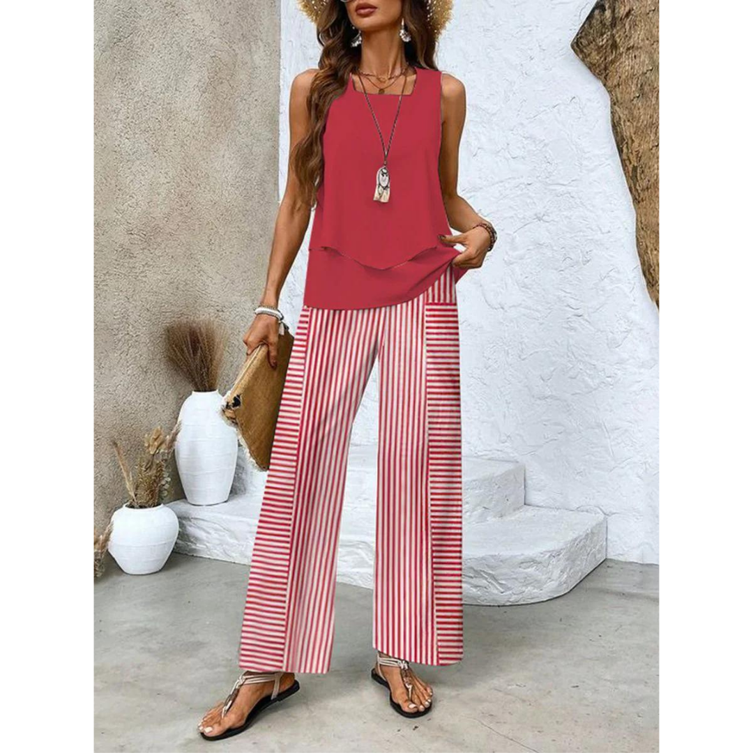 Conjunto coordinado para mujer con top en capas y pantalón ancho