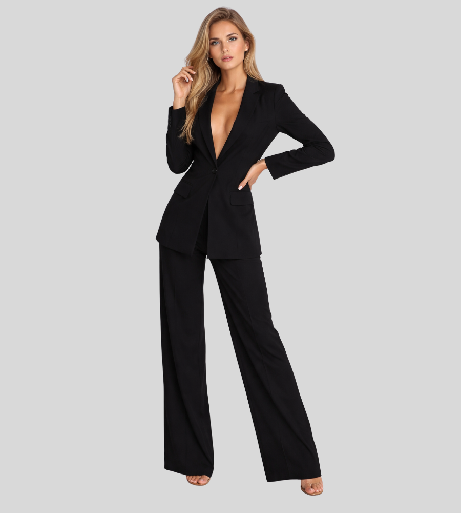 Business-Set Damen Regular Fit Leinen Blazer mit weitem Hosenbein