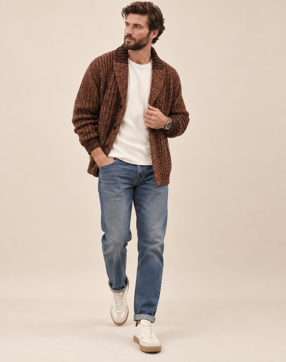 Cardigan da uomo robusto in maglia con collo a scialle e bottoni