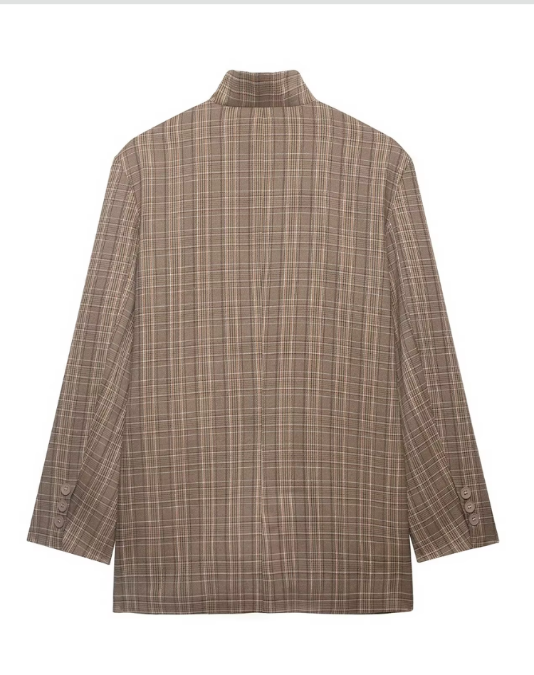 Women's Oversized Checkered Blazer with Stand-Up Collar Casual