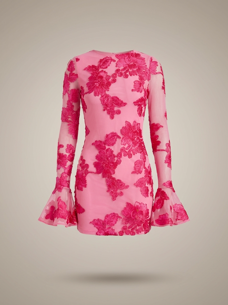 Mini Kleid Damen Eng Anliegend Blumenmuster Glockenärmel Festlich