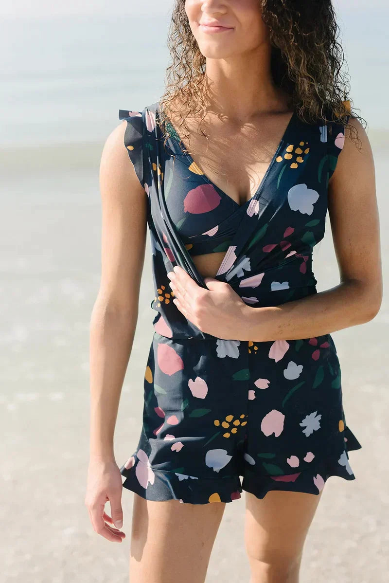 Letný tankini set pre dámy s volánmi a výstrihom do V