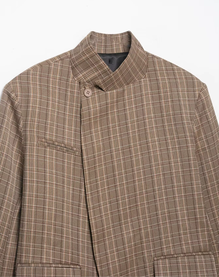 Women's Oversized Checkered Blazer with Stand-Up Collar Casual