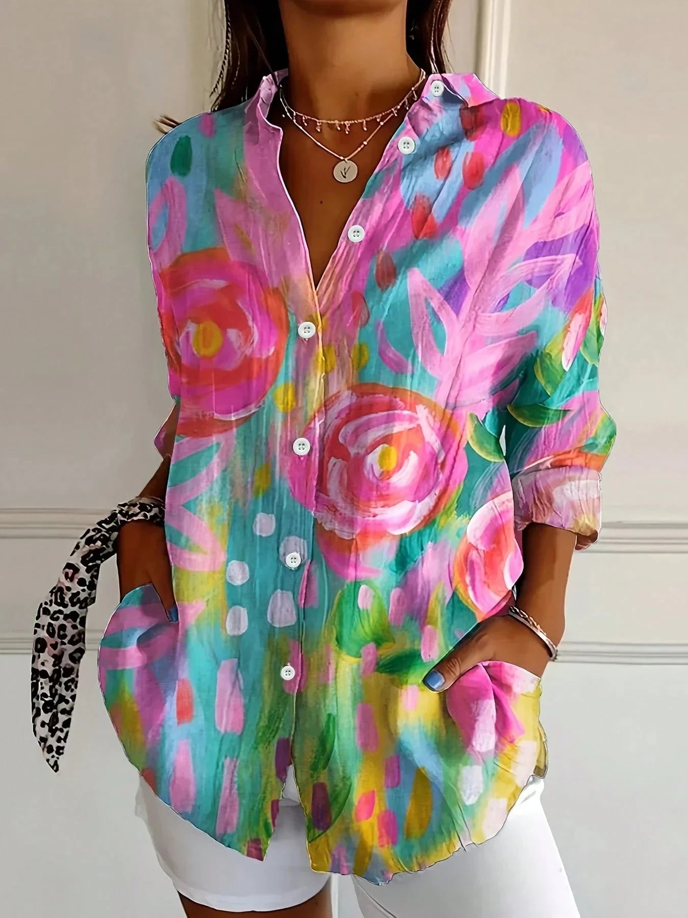 Blouse Dames Regular Fit Knoop Voorkant Bloemenprint Casual Zomer