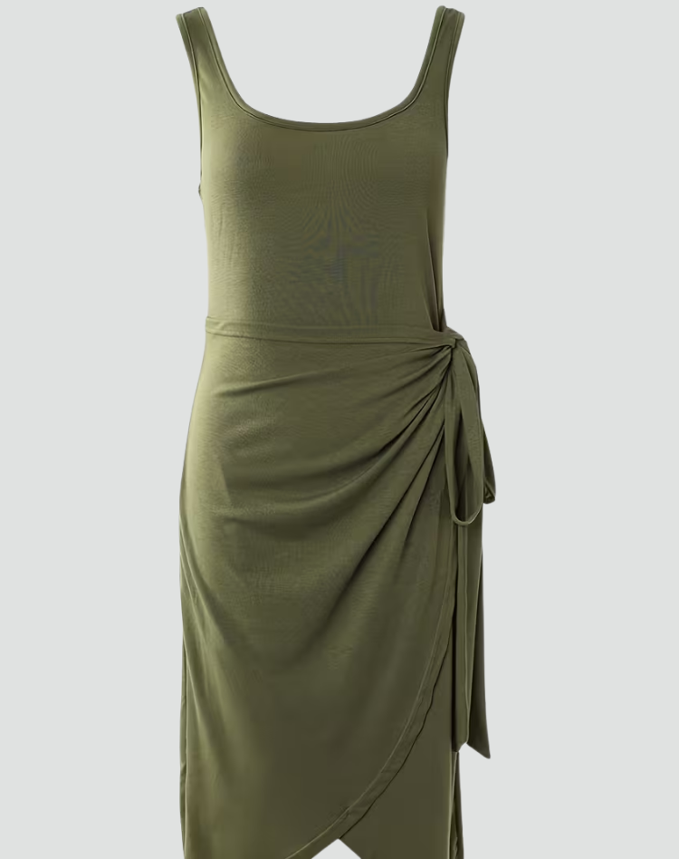 Grünes Midikleid für Damen, ärmellos, mit Wickeloptik und Schlitz
