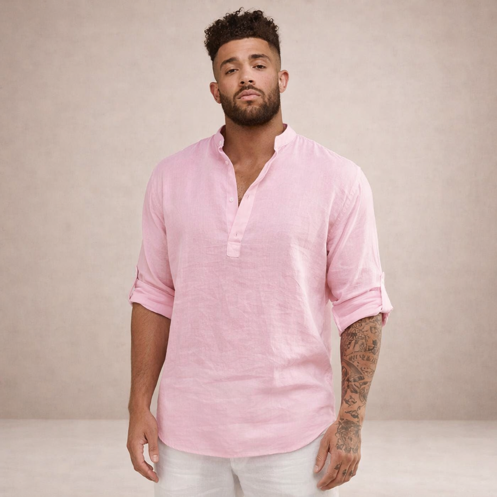 Chemise en lin homme coupe régulière respirante col montant manches longues
