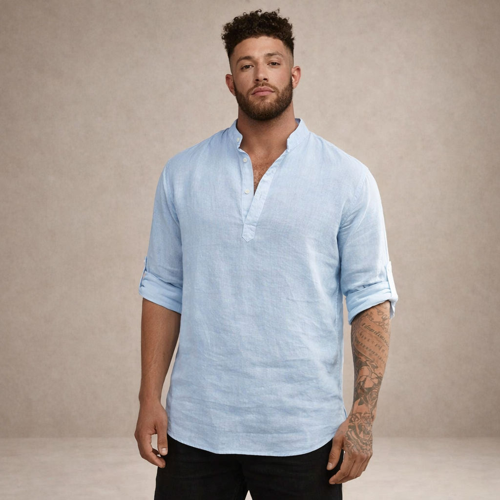 Chemise en lin homme coupe régulière respirante col montant manches longues