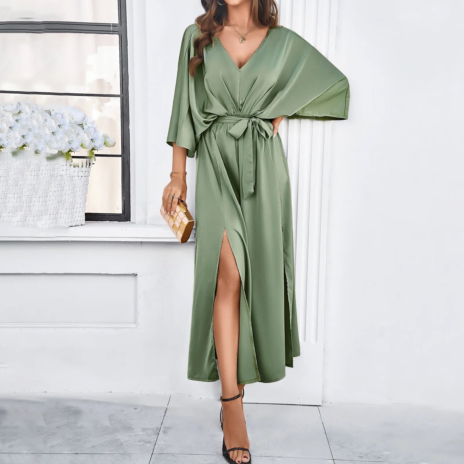 Vestido maxi de verão para senhora com decote em V e corte solto