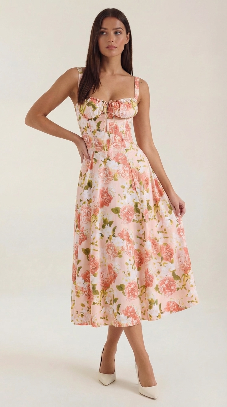 Robe midi femme coupe régulière ligne A col en cœur