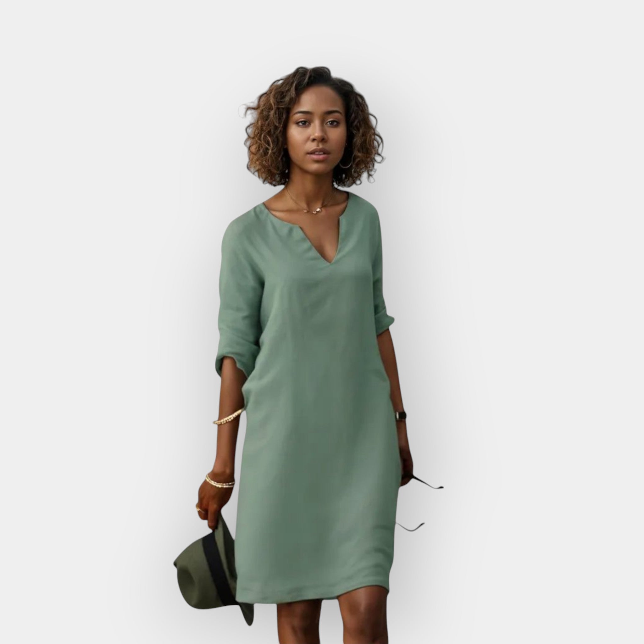 Vestido midi elegante y aireado para mujer con escote en V y mangas tres cuartos