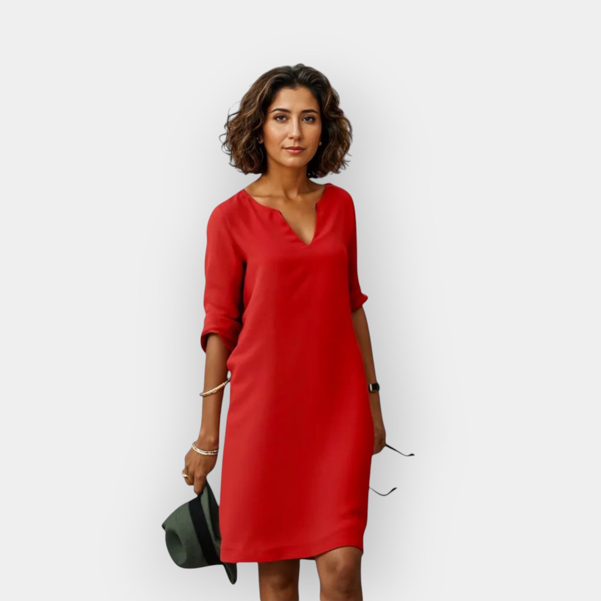 Luftig elegant midi kjole dame med V-hals og 3/4 ærmer