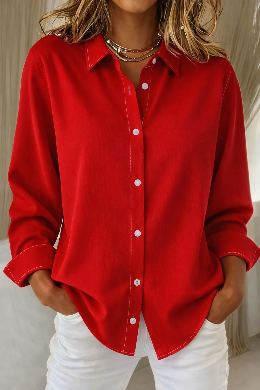 Blusa Mujer Corte Suelto Cierre de Botones Casual Verano