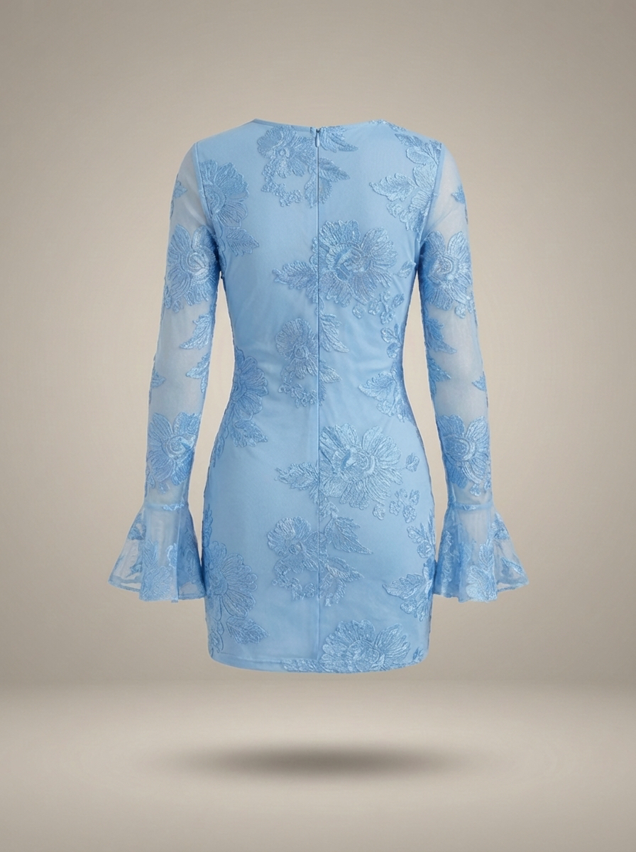 Mini Kleid Damen Eng Anliegend Blumenmuster Glockenärmel Festlich