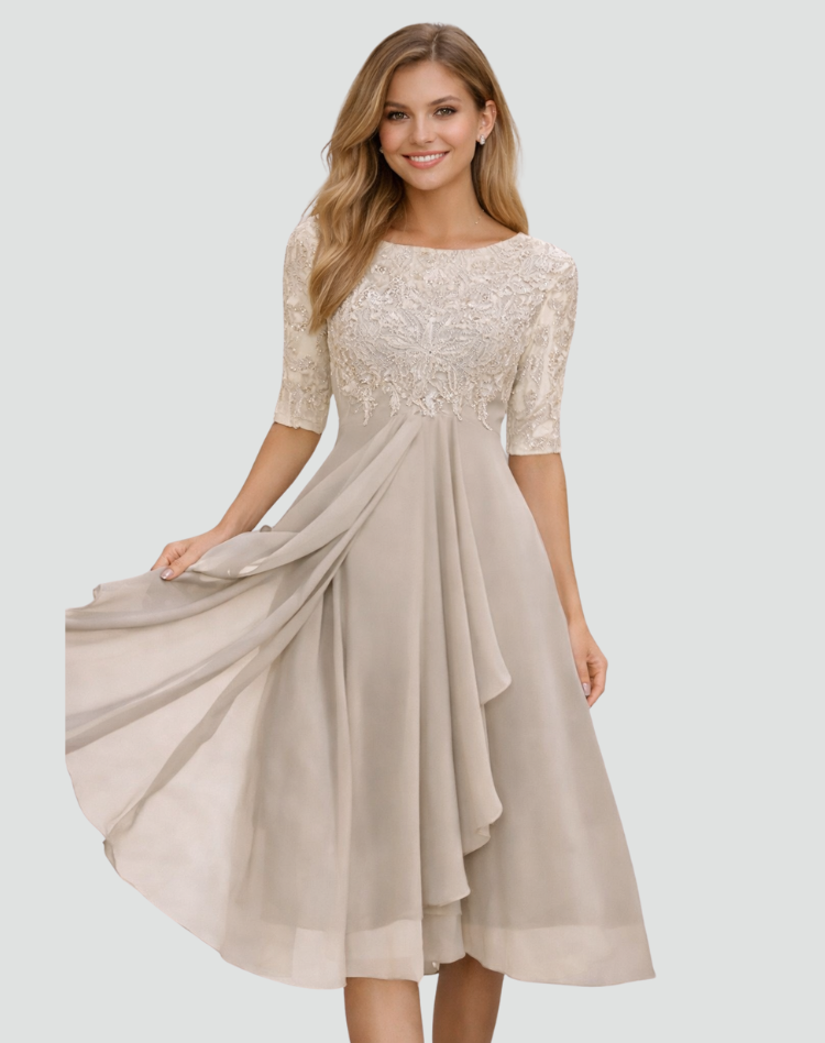 Midi γιορτινό φόρεμα γυναικείο Regular Fit, δαντέλα, μανίκι τριών τετάρτων