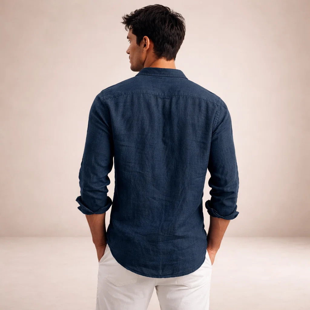 Camisa de lino para hombre corte regular tela fresca cuello abierto manga larga