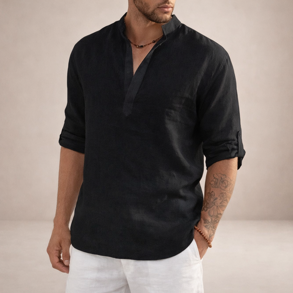 Chemise en lin homme coupe régulière respirante col montant manches longues