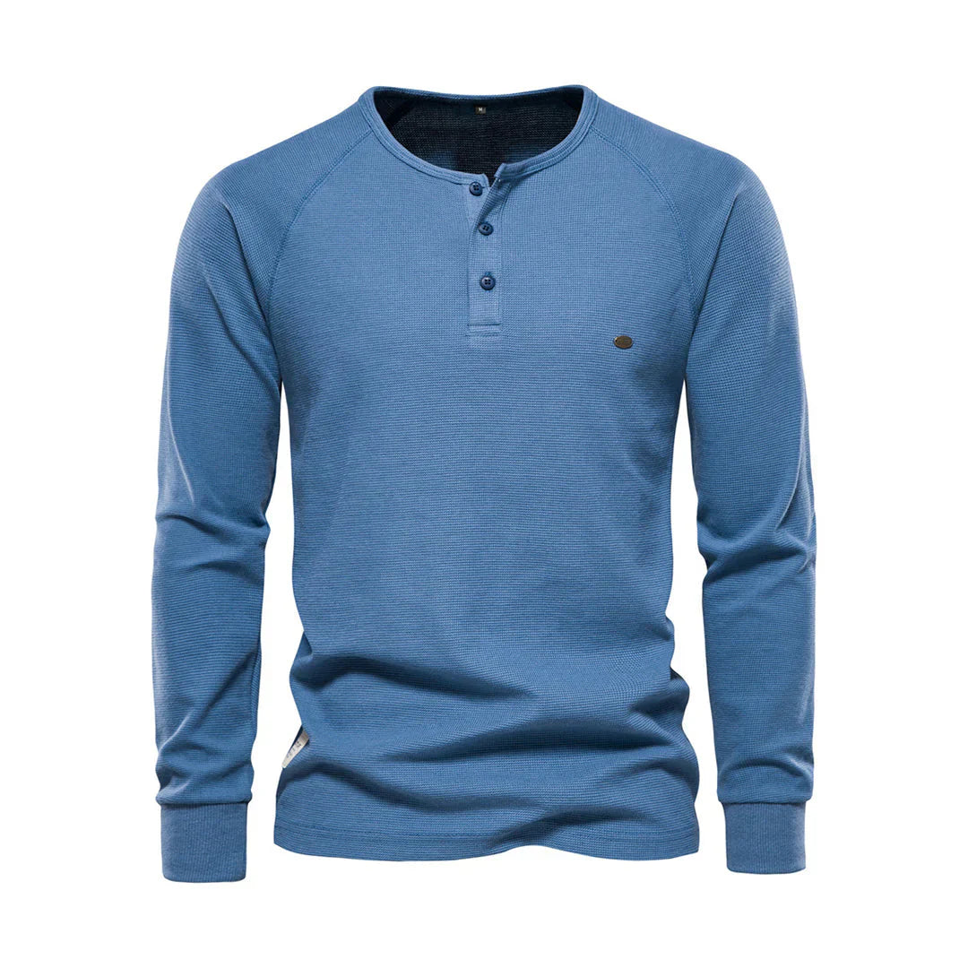 Camisola Henley de homem com mangas compridas, botões, casual e básica para streetwear