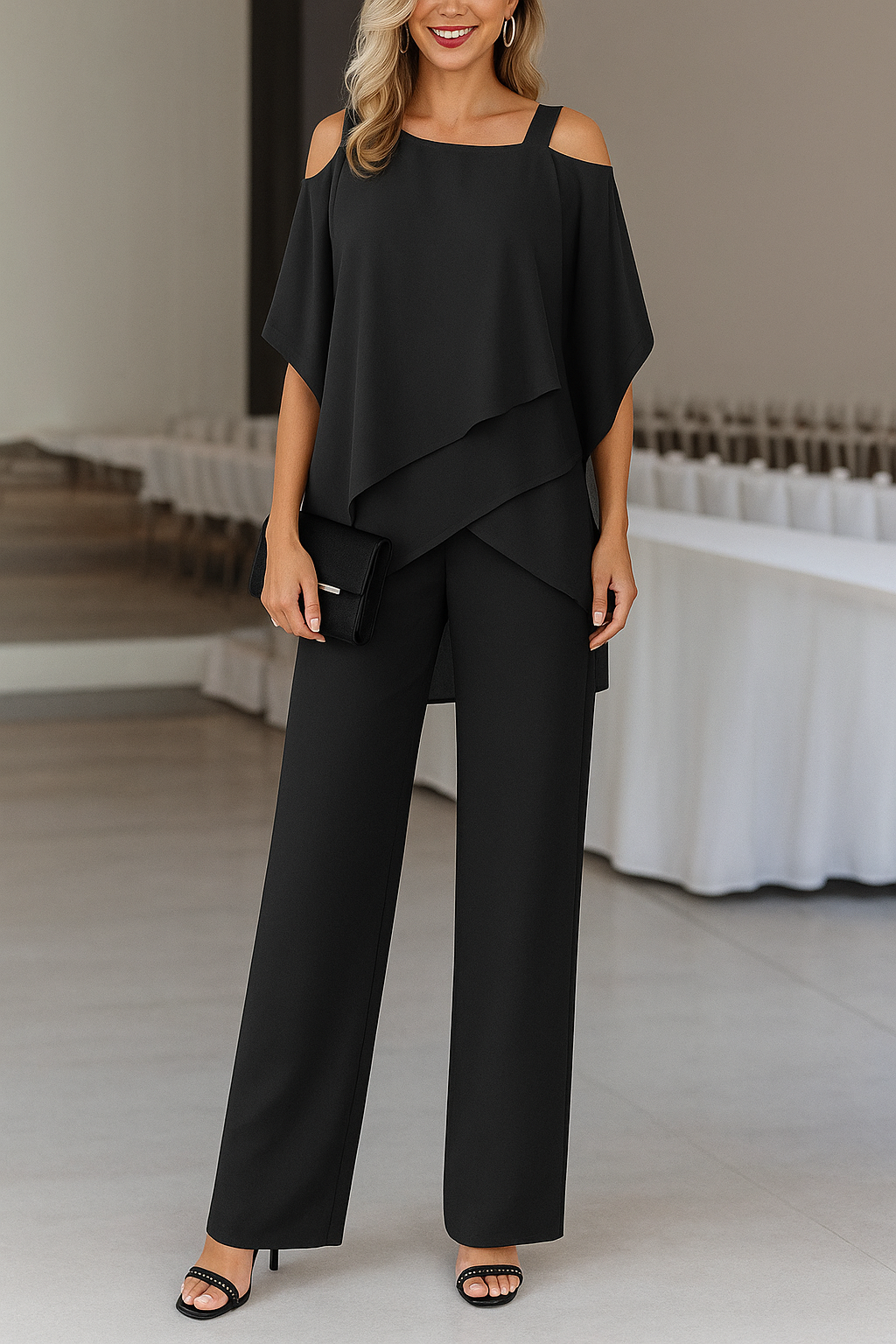 Ensemble léger élégant pour femmes avec top épaules dénudées et pantalon large
