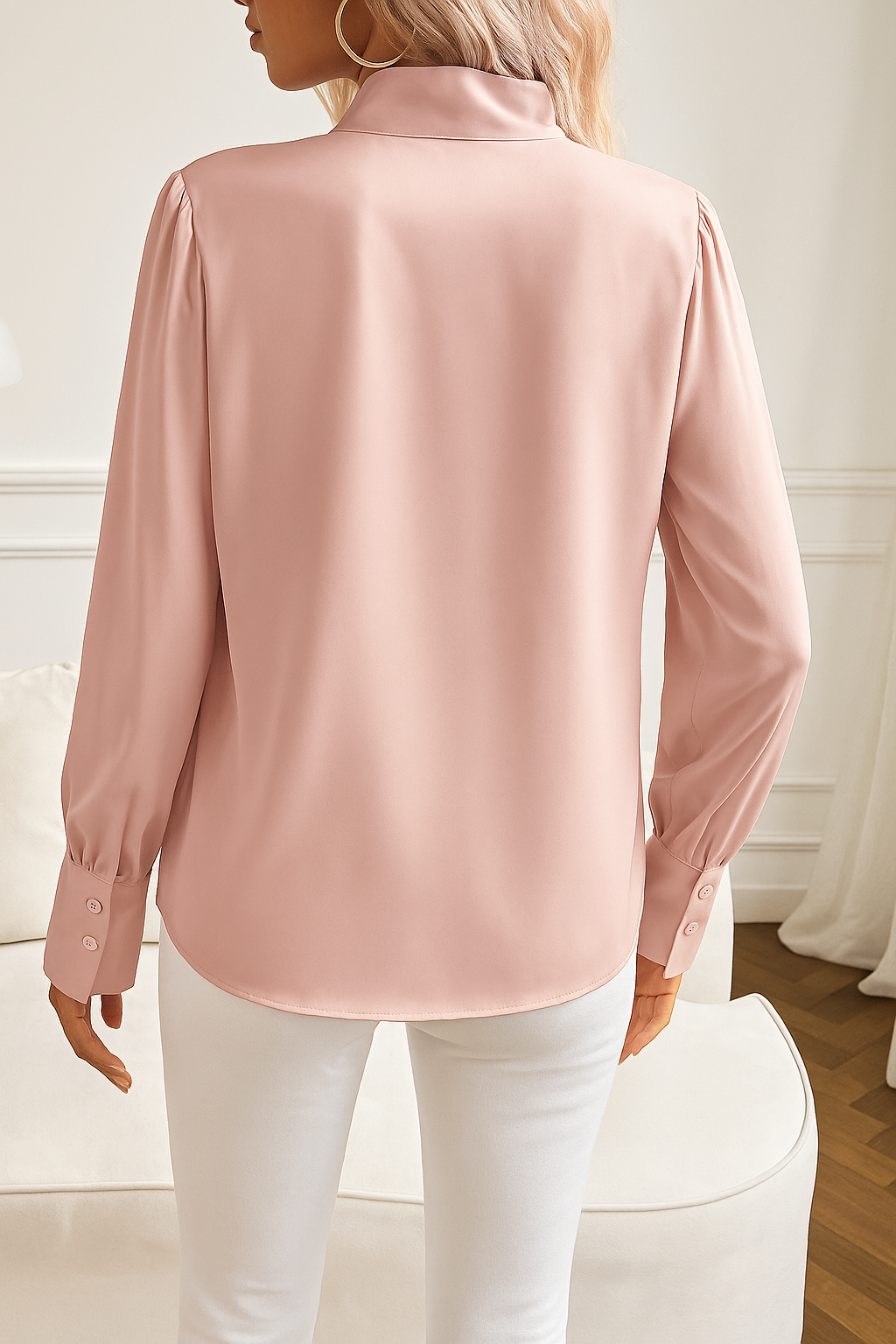 Elegante Damen-Satinbluse mit Schleife und langen Ärmeln
