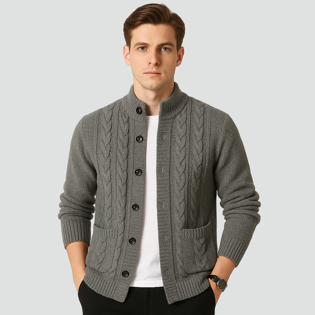 Cárdigan de hombre con diseño de ochos y cuello alto