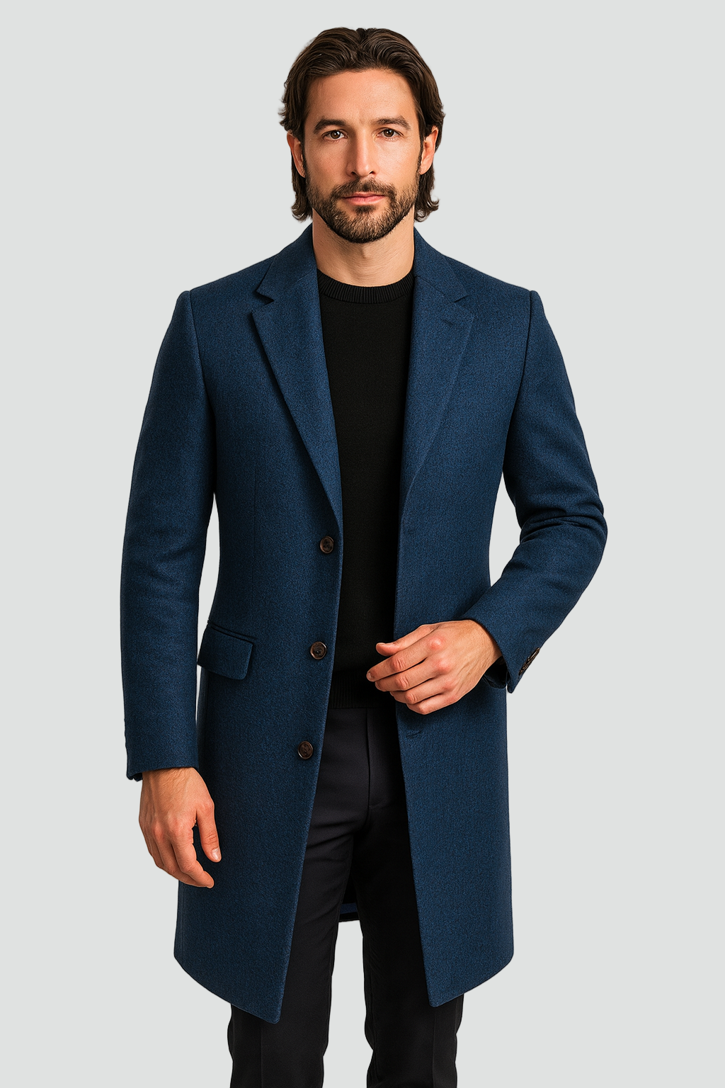 Elegante cappotto lungo da uomo con colletto classico e chiusura con bottoni