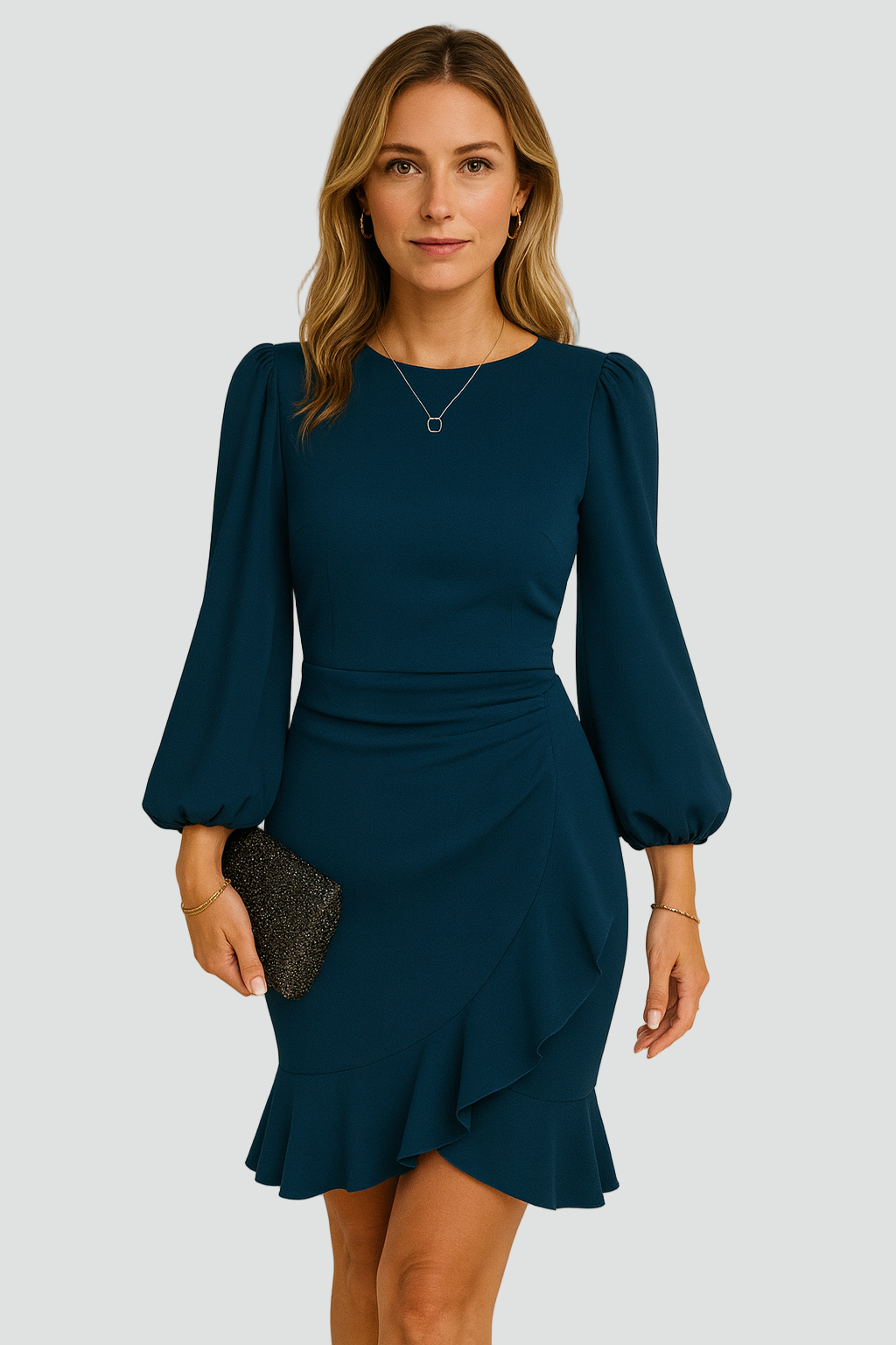Elegant minikjole med lange ærmer og flæser til damer