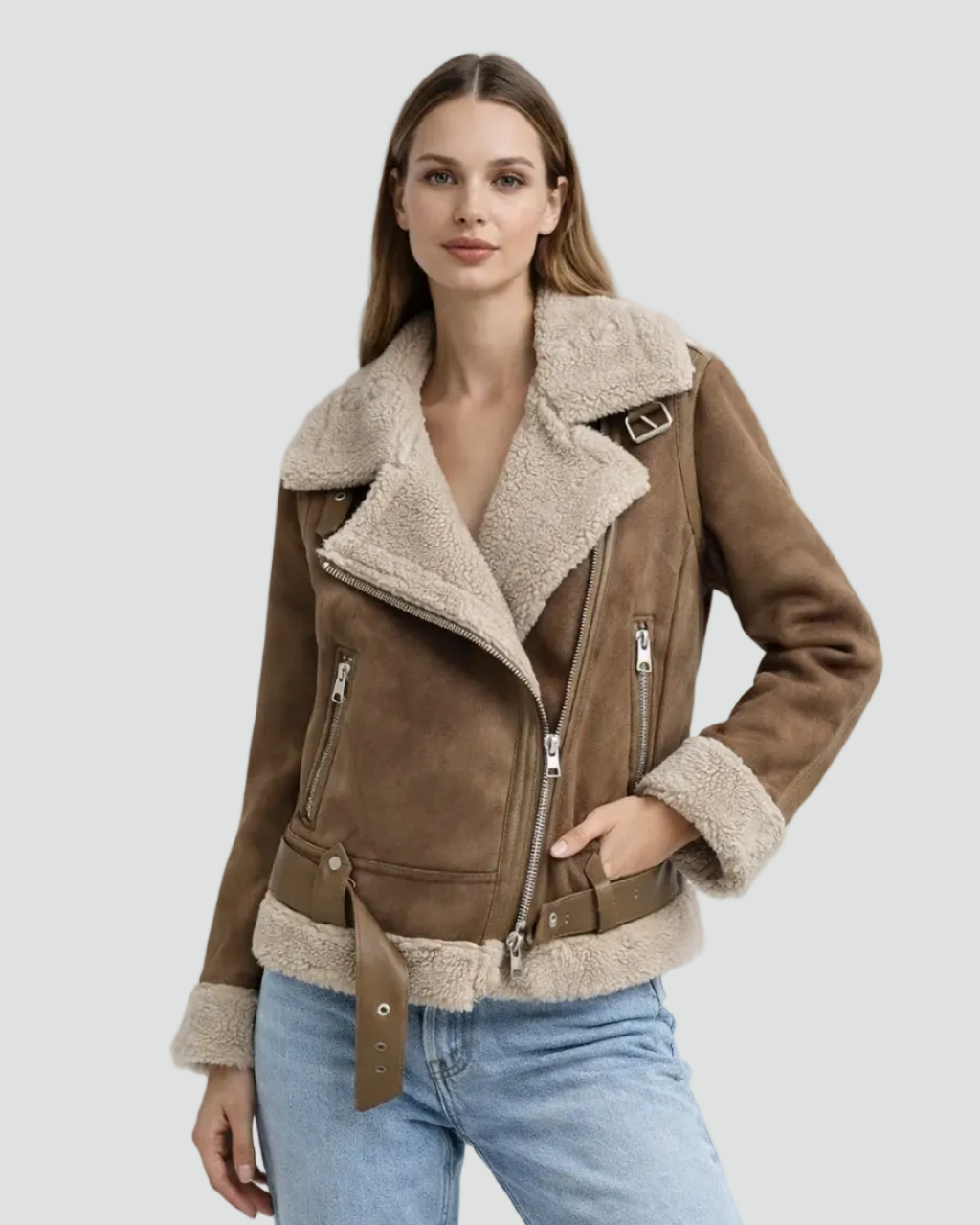 Veste motard en cuir douce pour femmes avec doublure en teddy et détails zippés