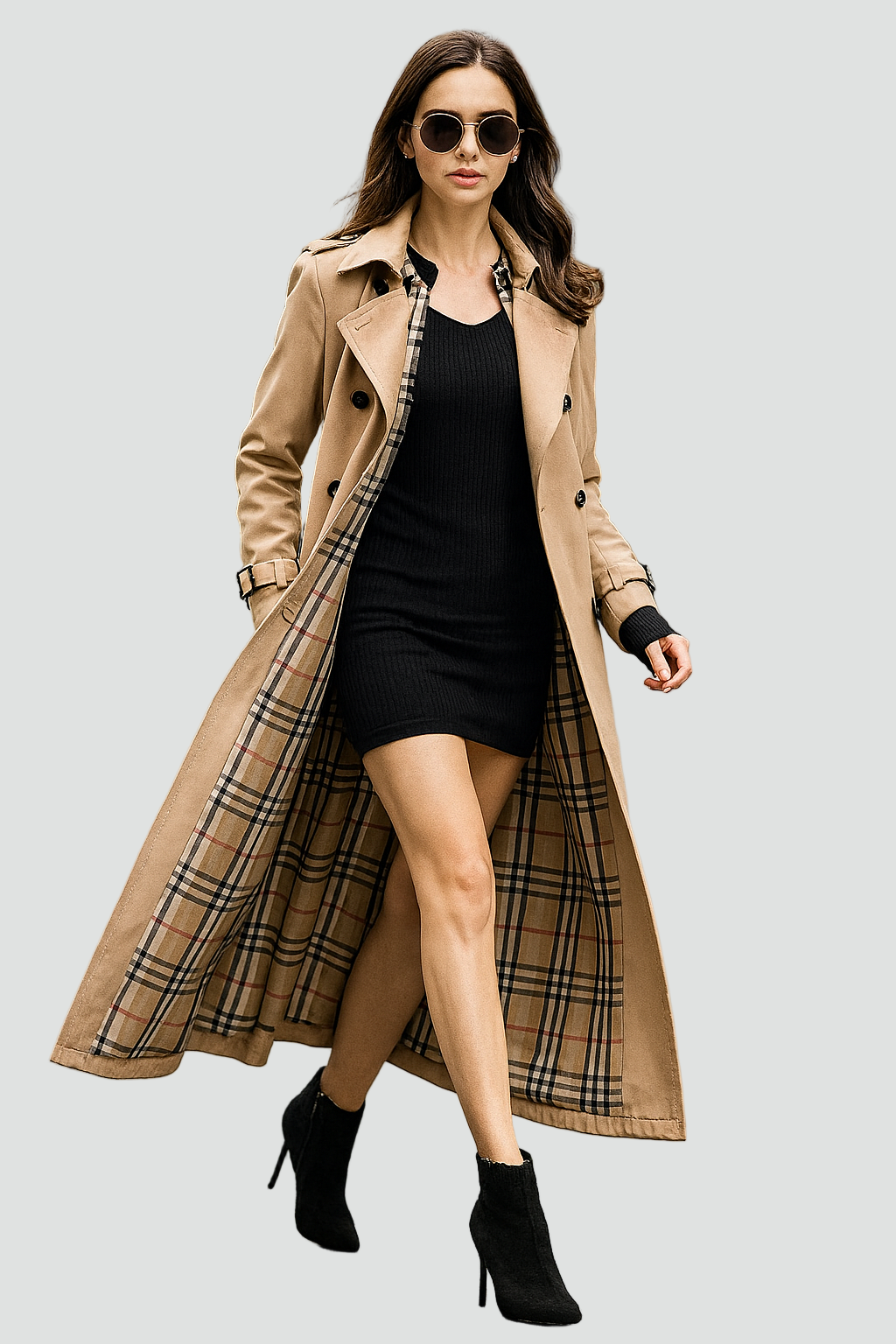 Lang trenchcoat til damer med dobbelt knaplukning
