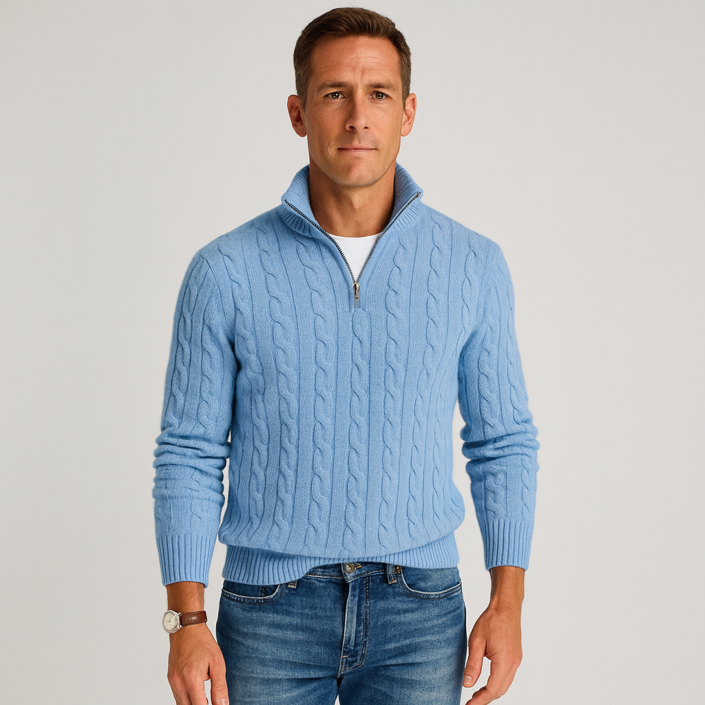 Suéter elegante para hombre de punto con media cremallera y cuello alto