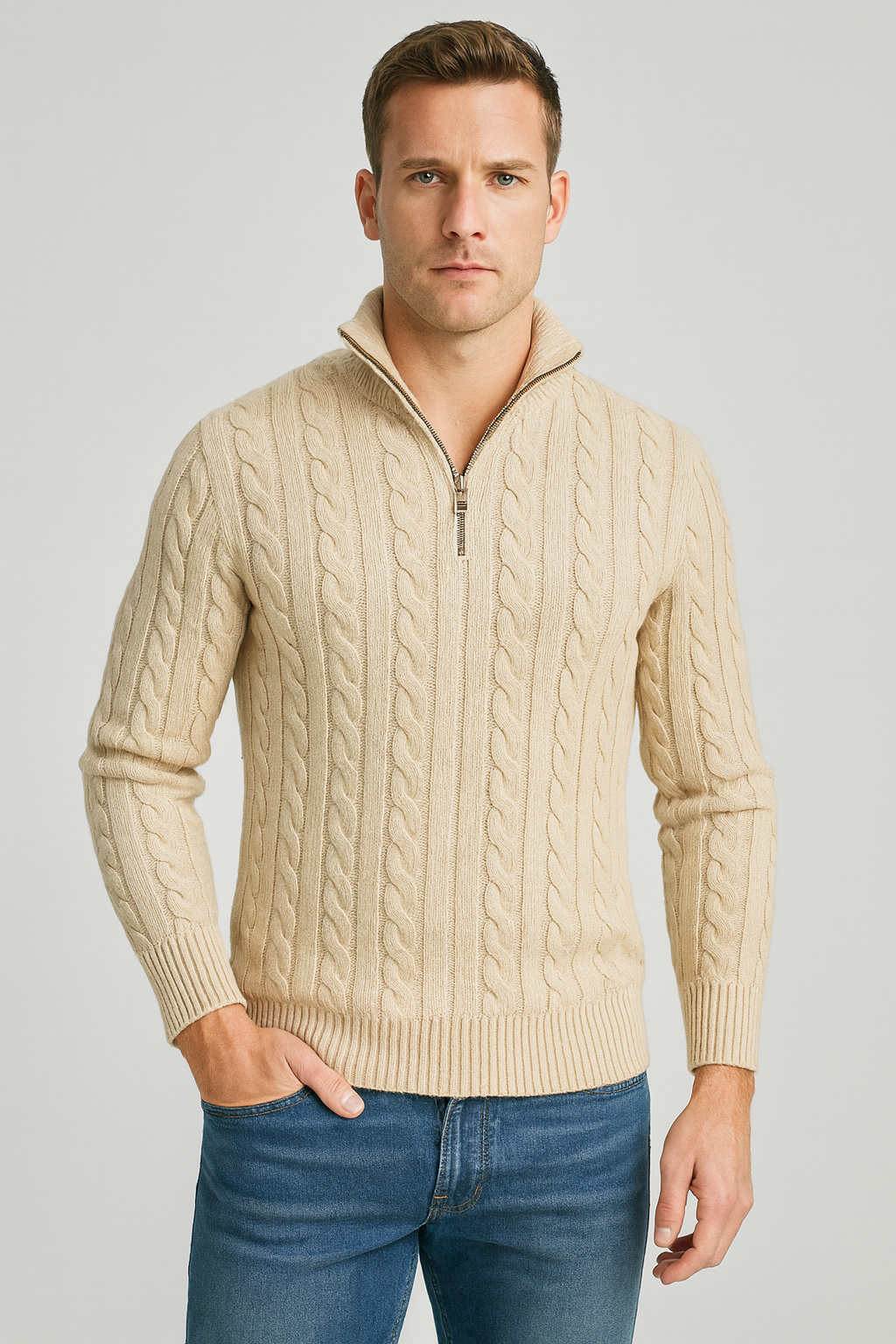 Suéter elegante para hombre de punto con media cremallera y cuello alto