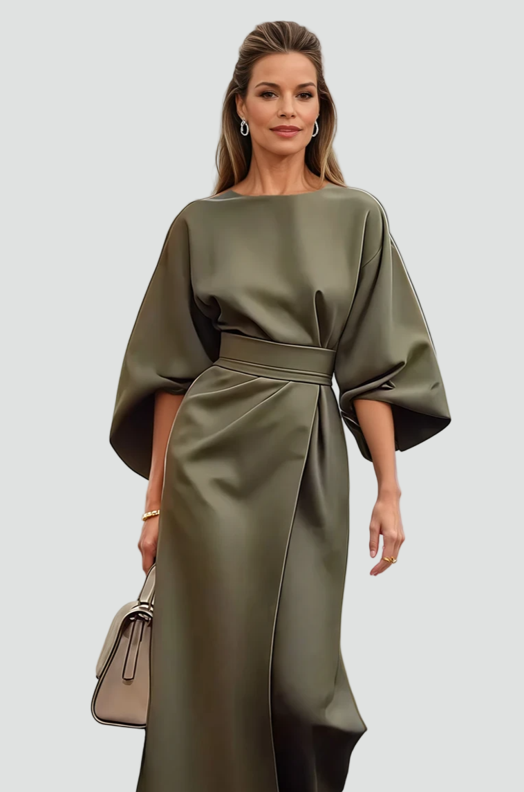 Dames Elegante Midi Jurk met Ceintuur en Wijde Mouwen