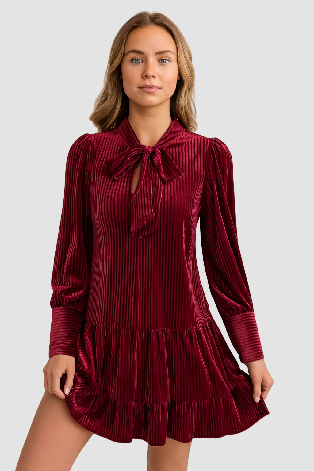 Robe courte élégante en velours avec manches longues et détail nœud pour femme