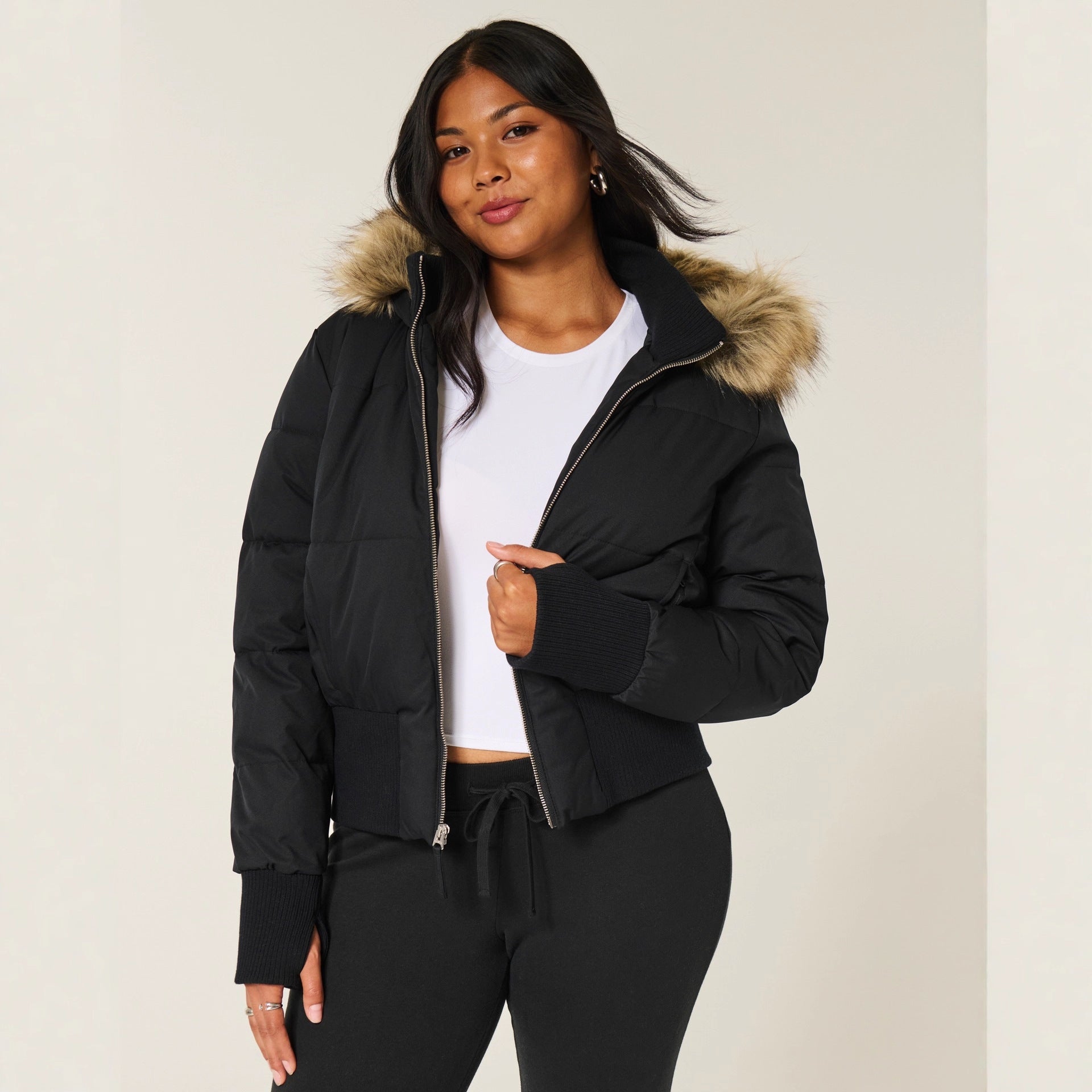 Short Women’s Puffer Jacket with Fur Hood, Zipper, and Lining