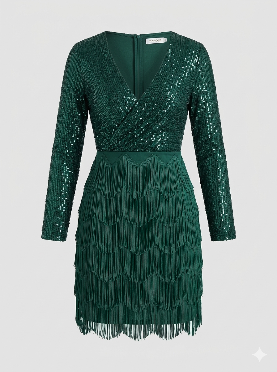 Rochie mini mulată cu mâneci lungi și franjuri