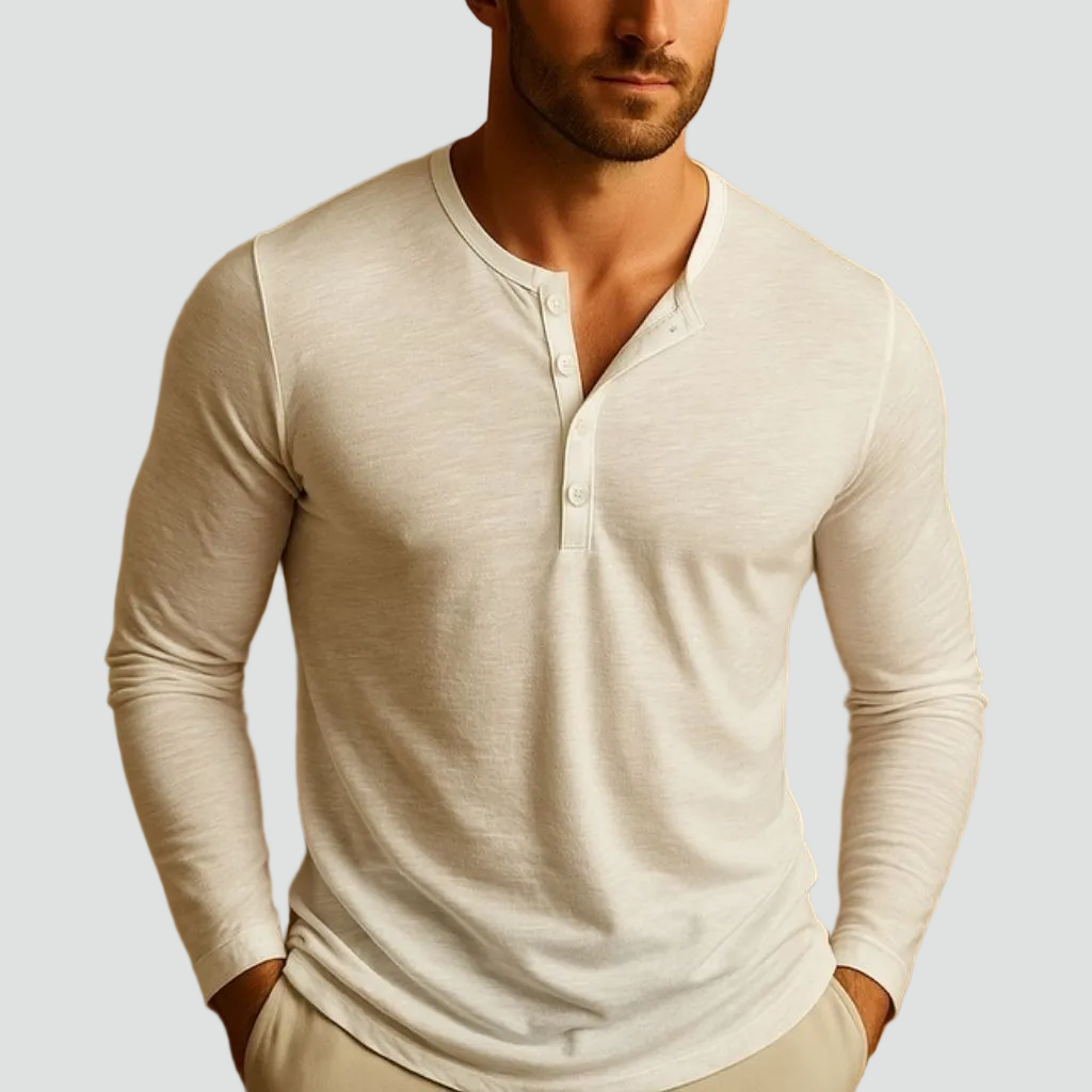 Férfi Henley póló hosszú ujjú, casual felső gombokkal, kényelmes