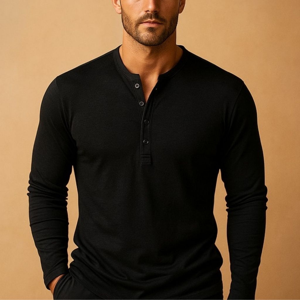 Férfi Henley póló hosszú ujjú, casual felső gombokkal, kényelmes