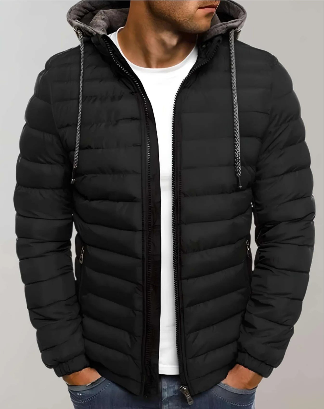 Lightweight men's puffer jacket with hood and zipper