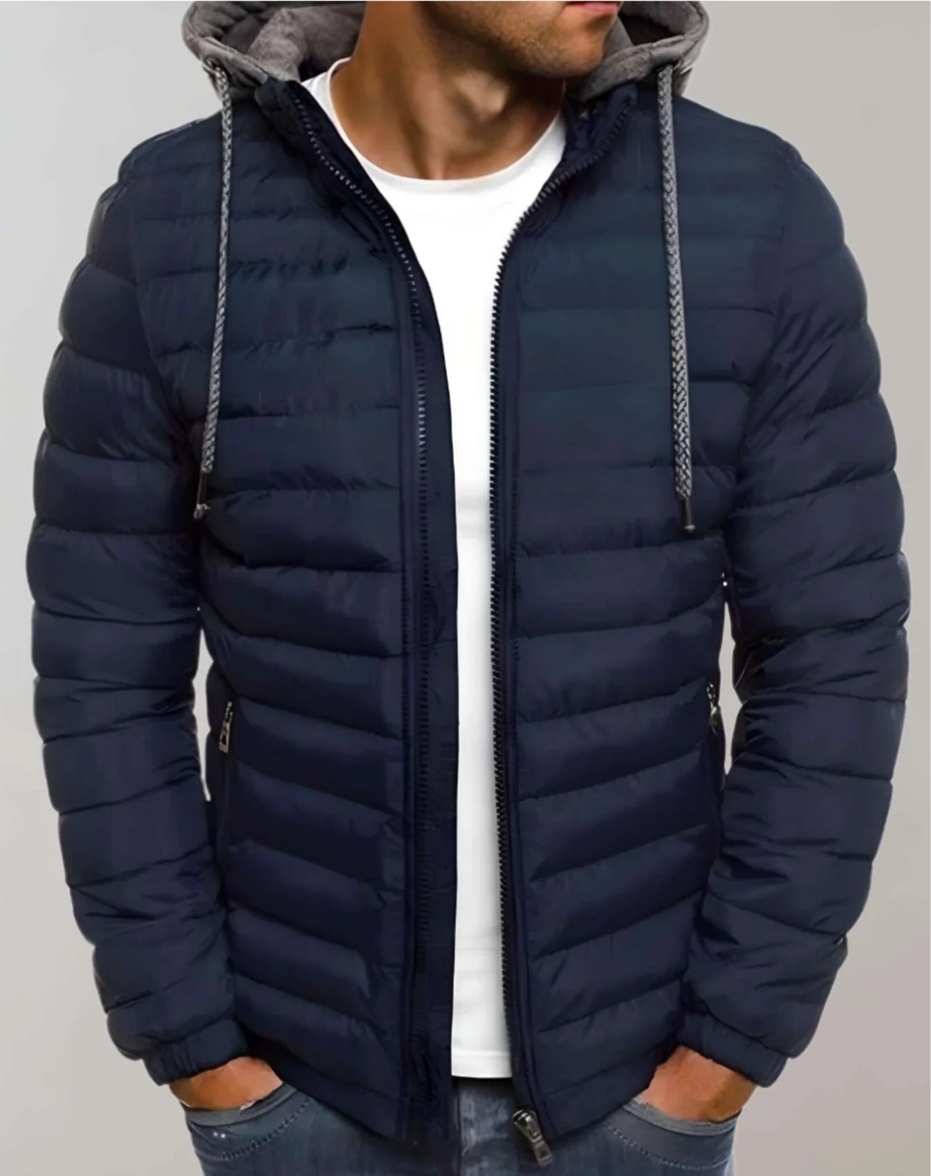 Lightweight men's puffer jacket with hood and zipper