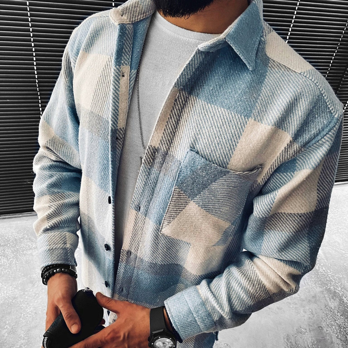 Warm Light Blue Checked Flannel Overshirt for Men