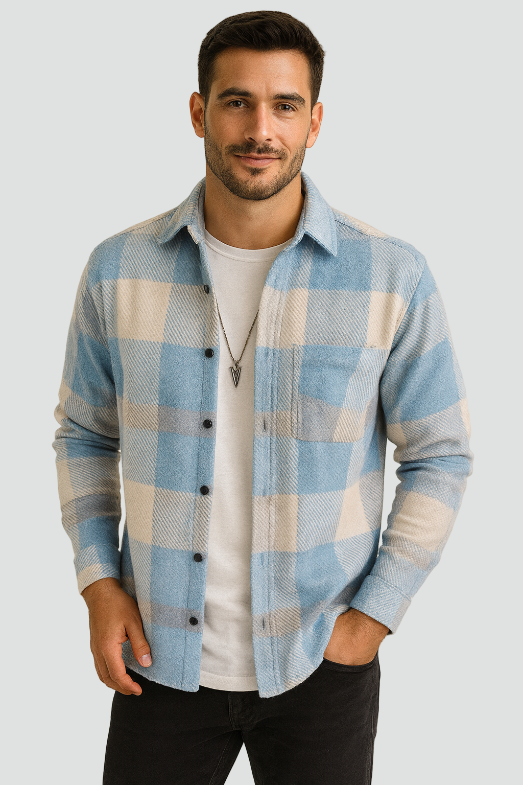Warm Light Blue Checked Flannel Overshirt for Men