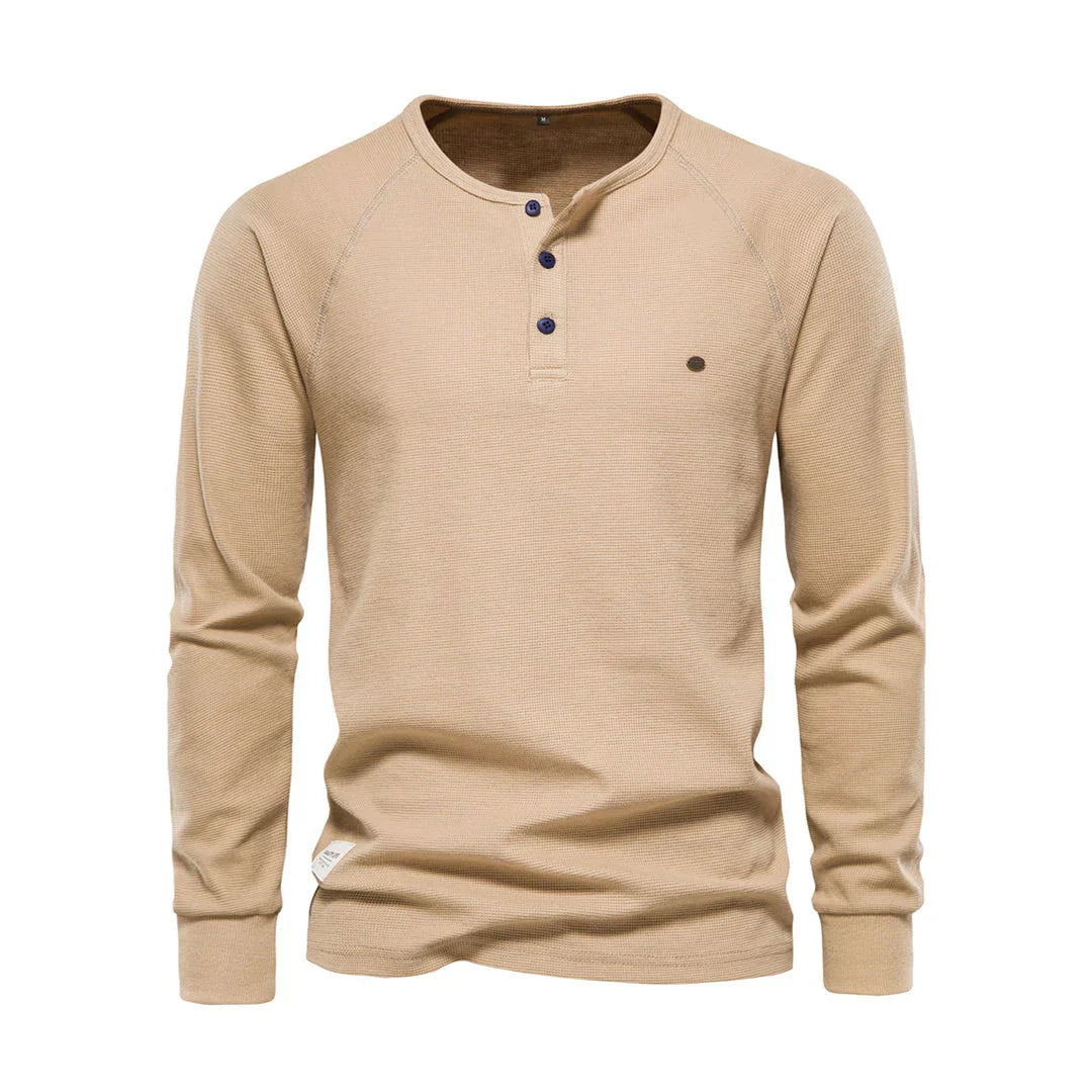Camisola Henley de homem com mangas compridas, botões, casual e básica para streetwear