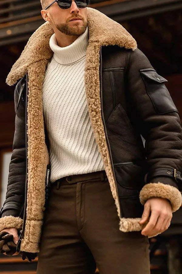 Men’s Leather Pilot Jacket with Sherpa Lining and Wide Collar