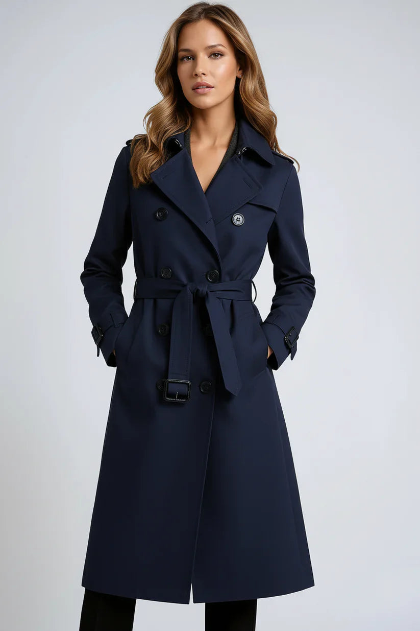 Lang trenchcoat til damer med dobbelt knaplukning