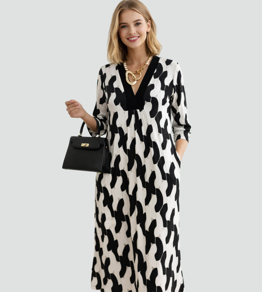 Robe maxi élégante avec décolleté en V et manches 3/4 pour femmes